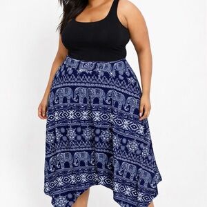 Hot Kiss Boho Thai Elephant Geometric Floral Handkerchief Midi Skirt Women’s 2X